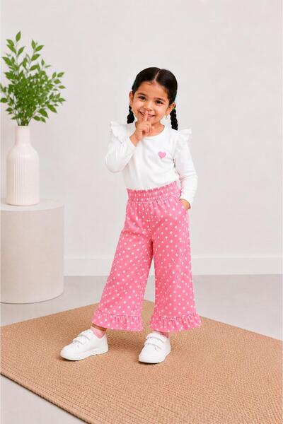 Toi Kids PEMBE PUANTİYELİ YAZLIK DENIM BOL PAÇA PANTOLON