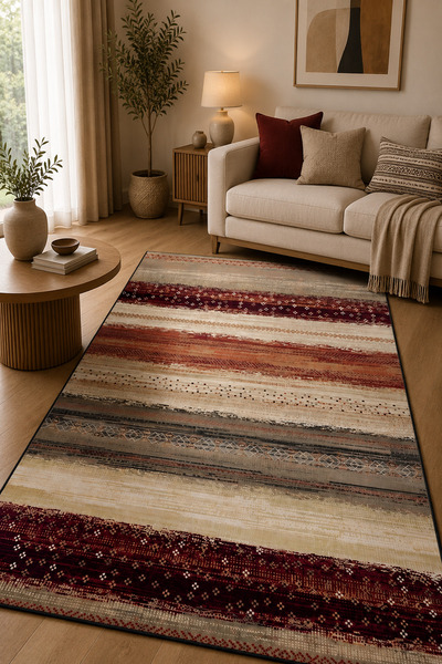 G&C HOME Ruby Lines Bordo Çizgili Dijital Baskı Kaymaz Taban Salon Halısı Mut...