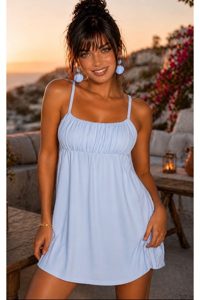Be Best Women's Baby Blue Gathered Front Mini Dress Be398
