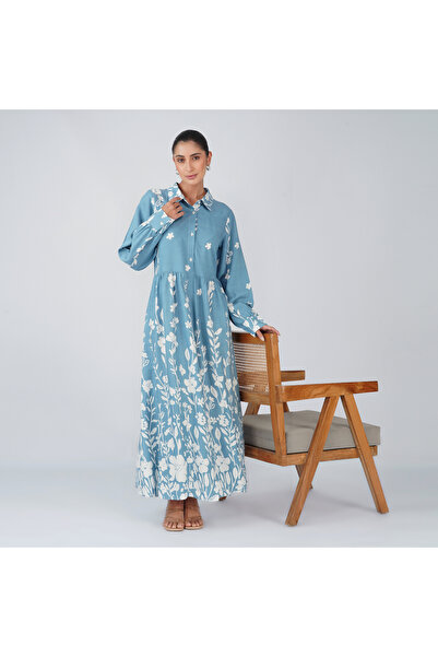 LINELLE Olive Green Floral Shirt Collar Casual Dress