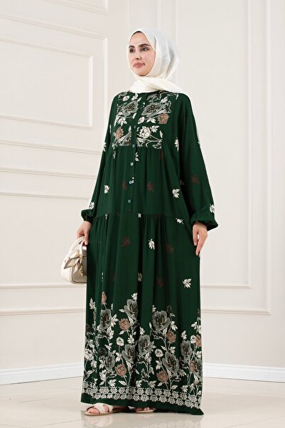 Sevitli Half Buttoned Robal Ceylan Dress-Green