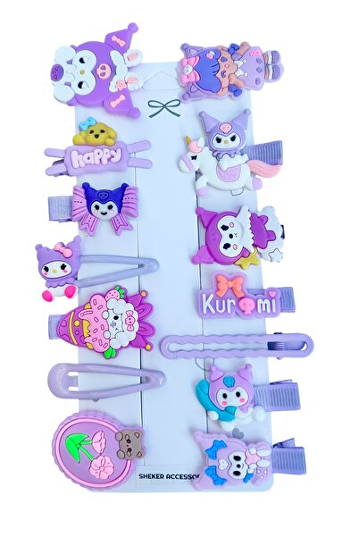SHEKER HOME Accessories 14’lü Kuromi Figürlü Kız Çocuk ve Bebek Saç Tokası Se...