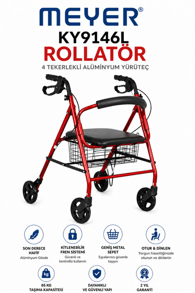Meyer Mobility Solution Rollatör Frenli, Alüminyum Hafif Şase, Oturaklı ve Ka...