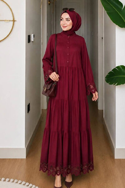 AZRA BUTİK Orkide Sleeve and Hem Lace Detailed Dress Burgundy