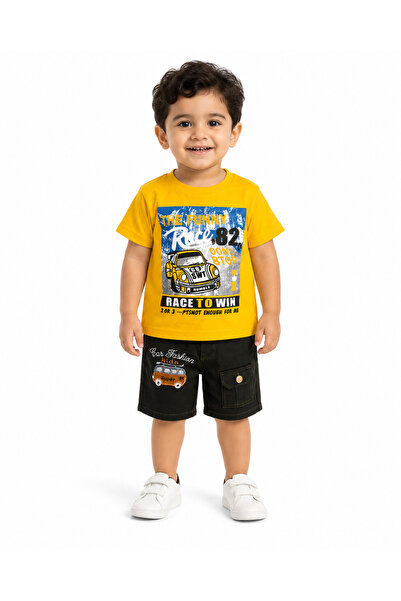 Generic Boys' T-Shirt and Shorts Set with Car Racing Print