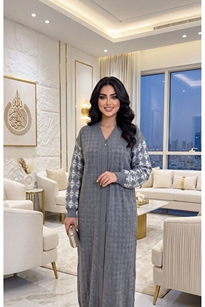 alqarat Midi Knit Winter Cardigan with Patterned Sleeves
