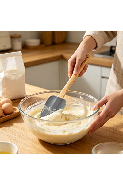 KMT Spatulă silicon gri pentru patiserie 29,5cm mâner lemn cu orificiu de sus...