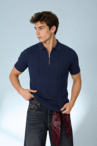 Maccali Men's Zippered Casual Polo Collar Knitwear Navy Blue T-Shirt