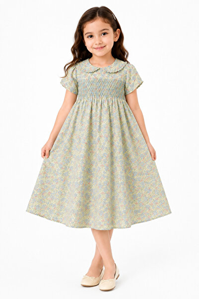 Shiladon Girls Floral Smocked Cotton Short Sleeve Classic Collar Dress