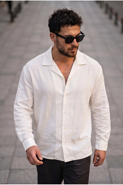 uyguntarz Men's White Oversize Camp Collar Muslin Look Long Sleeve Summer Shirt