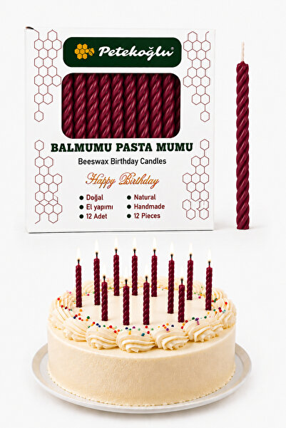 Petekoğlu Bordo Balmumu Mum Doğum Günü Mumu Pasta Mumu El Yapımı 12'li 6,5 cm...