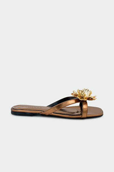 LAMİNTA Opia Gold Flower Detailed Women's Copper Flat Slippers