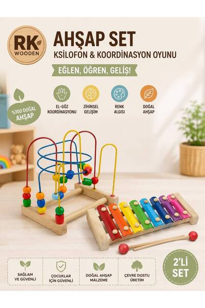 Uzay Ahşap Oyuncak Ahşap Eğitici Koordinasyon Seti Ksilafon + Büyük Boy Koord...