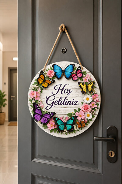 SHELİFE زينة باب خشبية مستديرة بتصميم فراشة مكتوب عليها 'مرحبًا'