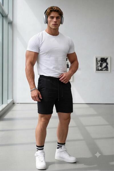 NO 601 Men's White Oval Slimfit Black Combed Cotton Shorts Plain Set