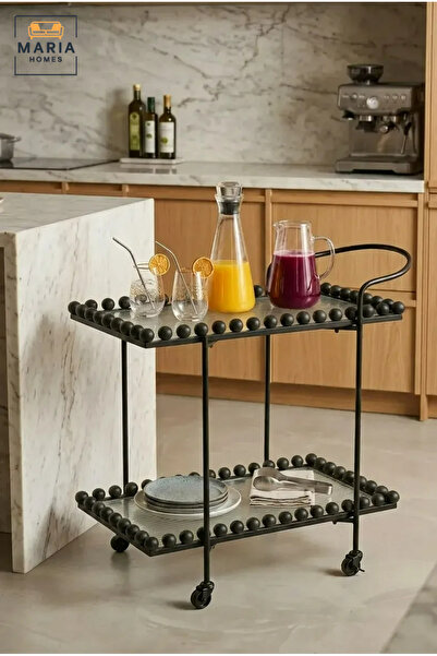 MARIA HOMES Modern 2-Tier Glass Serving Trolley – Black Rolling Bar Cart with...