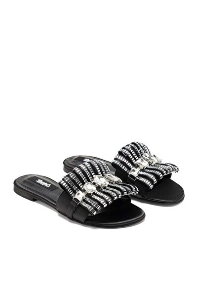 Dedos Women's Special Stone Embroidered Round Toe Luxury Satin Slippers 5001