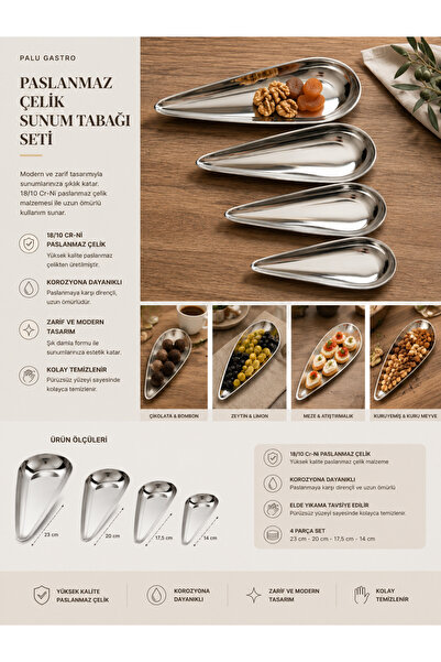 PALU GASTRO Set of 4 Stainless Steel Presentation Plates – Elegant Drop Design