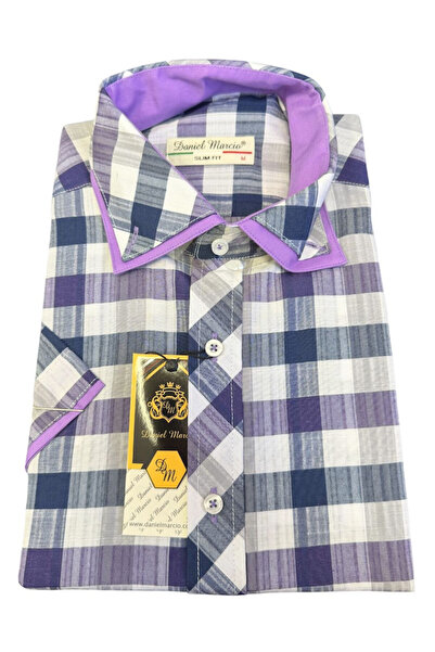 OEM Camasa barbati mov carouri, cu maneca scurta, slim fit, bumbac-poliester,...