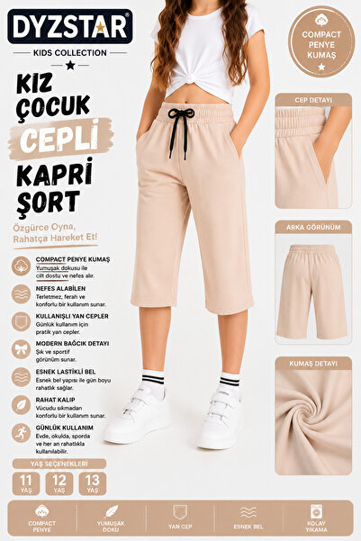 DYZSTAR Kız Çocuk Cepli Kapri Şort Nude Compact Penye Rahat Kalıp Lastikli Be...
