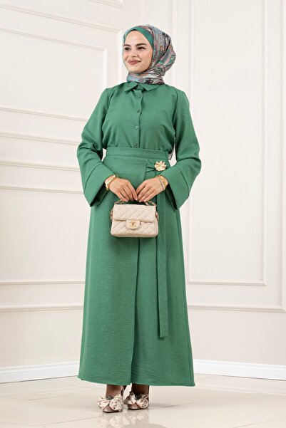 Sevitli Skirt with Buckle Detail Tuğba Double Set-Green