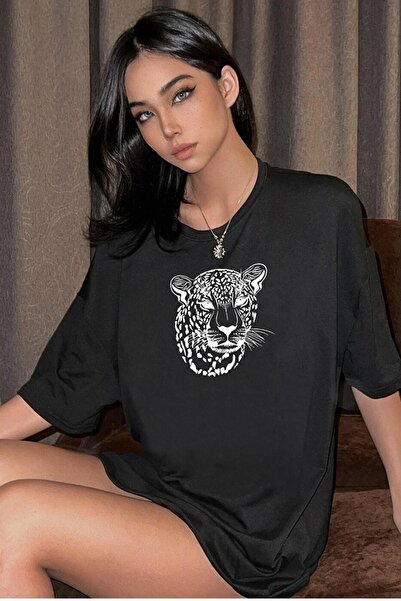 Flubutik Women's Black Leopard Figure Printed Oversize T-Shirt