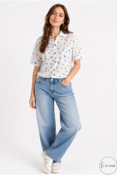 Cassime Women's Blue Mini Floral Short Sleeve Comfortable Fit 100% Cotton Shirt