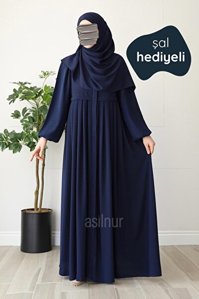 ASİLNUR Meva Pileli Ferace Şal Hediyeli Takım Lacivert