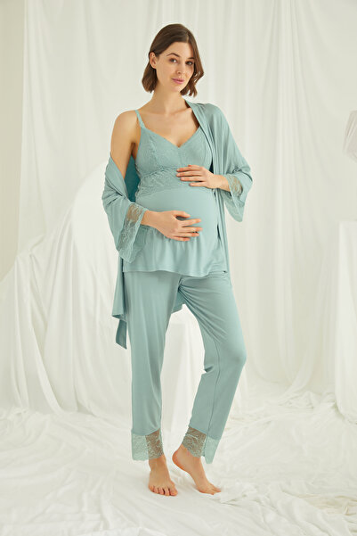 MONAMİSE Dantelli Hamile Lohusa 3'lü Pijama Sabahlık Seti - Emzirme Klipsli H...