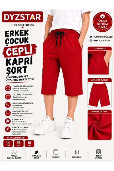 DYZSTAR Erkek Çocuk Cepli Kapri Şort Kırmızı Compact Penye Rahat Kalıp Lastik...
