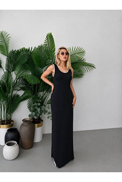 Paraf style Siyah Fitilli Maxi Elbise