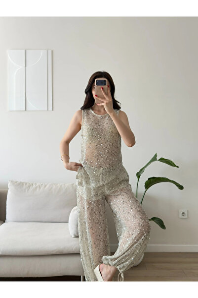 Zoom Butik Taşlı Transparan İkili Takım - BEJ