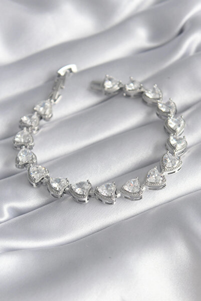 ARMÜZ Brass Silver Color Zircon Stone Heart Model VIP Series Women's Bracelet