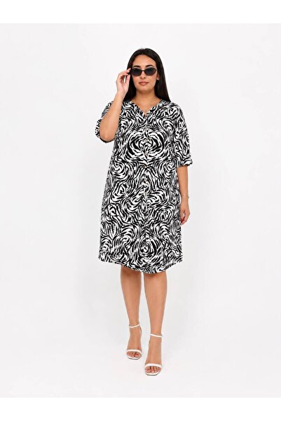ELSEBUTİKTR Women's Plus Size Patterned V-Neck Cotton Viscose Oversize Loose ...