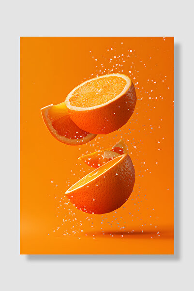 Luna Marissa Fruit Poster Orange Slices Flying on Orange Background with Wate...