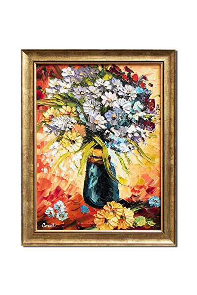 artnova Ръчно рисувана картина с импасто техника, ваза с многоцветни цветя, в...