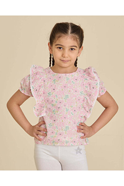 REDTAG Girls Pink Floral Lurex Frill Blouse