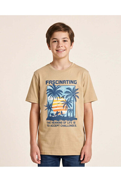 REDTAG Senior Boys Beige Tropical Graphic T-Shirt