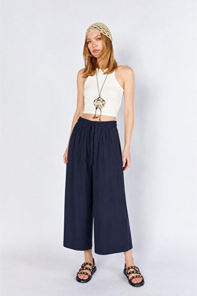 TENA Women's Navy Blue 5579 Tie-Waist Elastic Loose Cut Loose Cut Trousers