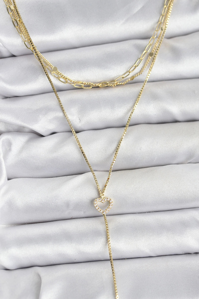 ARMÜZ Brass Gold Color Heart Detailed 3-Piece Combination Y Women's Necklace