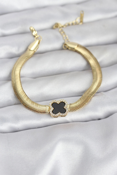 ARMÜZ 316L Steel Gold Color Black Clover Model Zircon Stone Snake Chain Women...