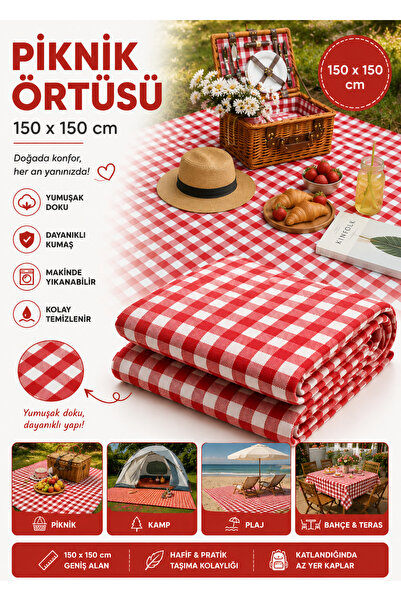 MOONFER Picnic Mat 150X150 cm Red White Gingham Camping Beach Garden Tableclo...