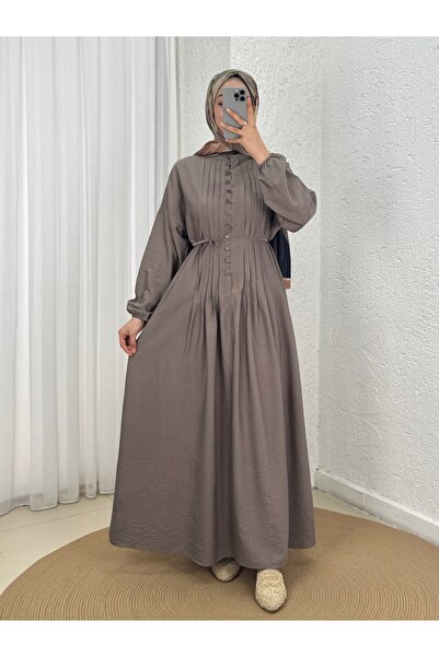 MİHRA STORE Maruna Poplin Pleated Buttoned Dress-Na2404 Mink
