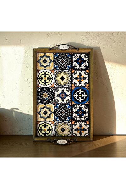PorcelainAtelier El Yapımı Kütahya Çini Desenli Ahşap & Seramik Tepsi 42x28 c...