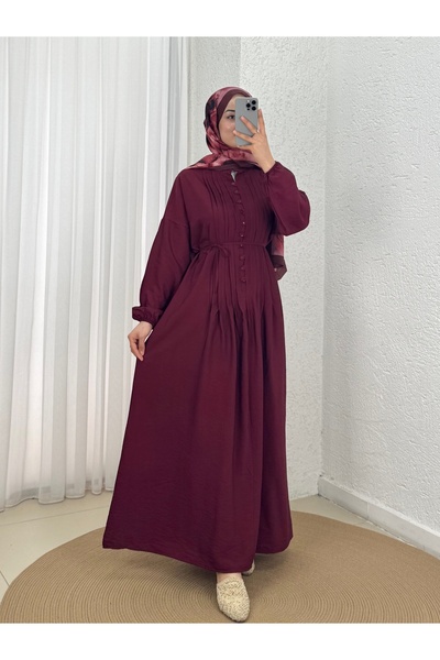 MİHRA STORE فستان مارونا بوبلين بأزرار مطوية-NA2404 أحمر كلاريت