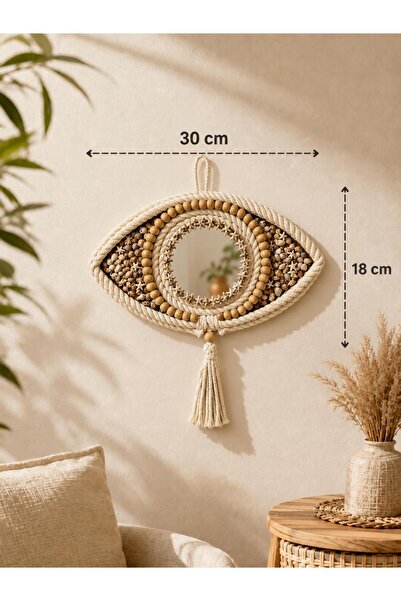 Sonmin El emeği Boho göz dekoratif ahşap boncuklu ve deniz kabuklu ayna