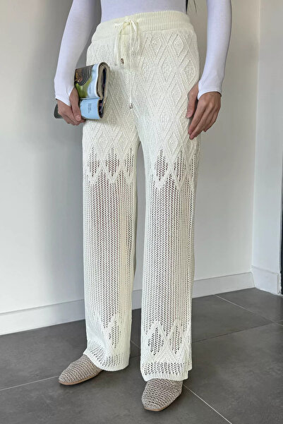 Aryena Cream Gülseli Women's Elastic Waist Openwork Knitwear Trousers