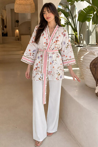 Aryena Krempudra Women's Floral Patterned Waist Belted Cardigan