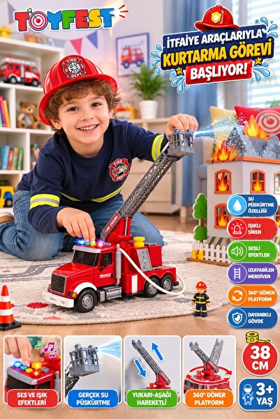 TOYFEST Sesli Işıklı Su Püskürten İtfaiye Merdivenli Kurtarma Kamyonu 360° Dö...