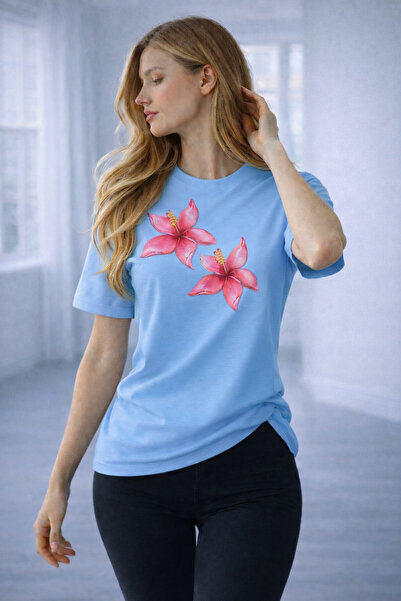 caddekombin Women's Summer Style Pink Floral Printed Round Neck Sports T-Shir...